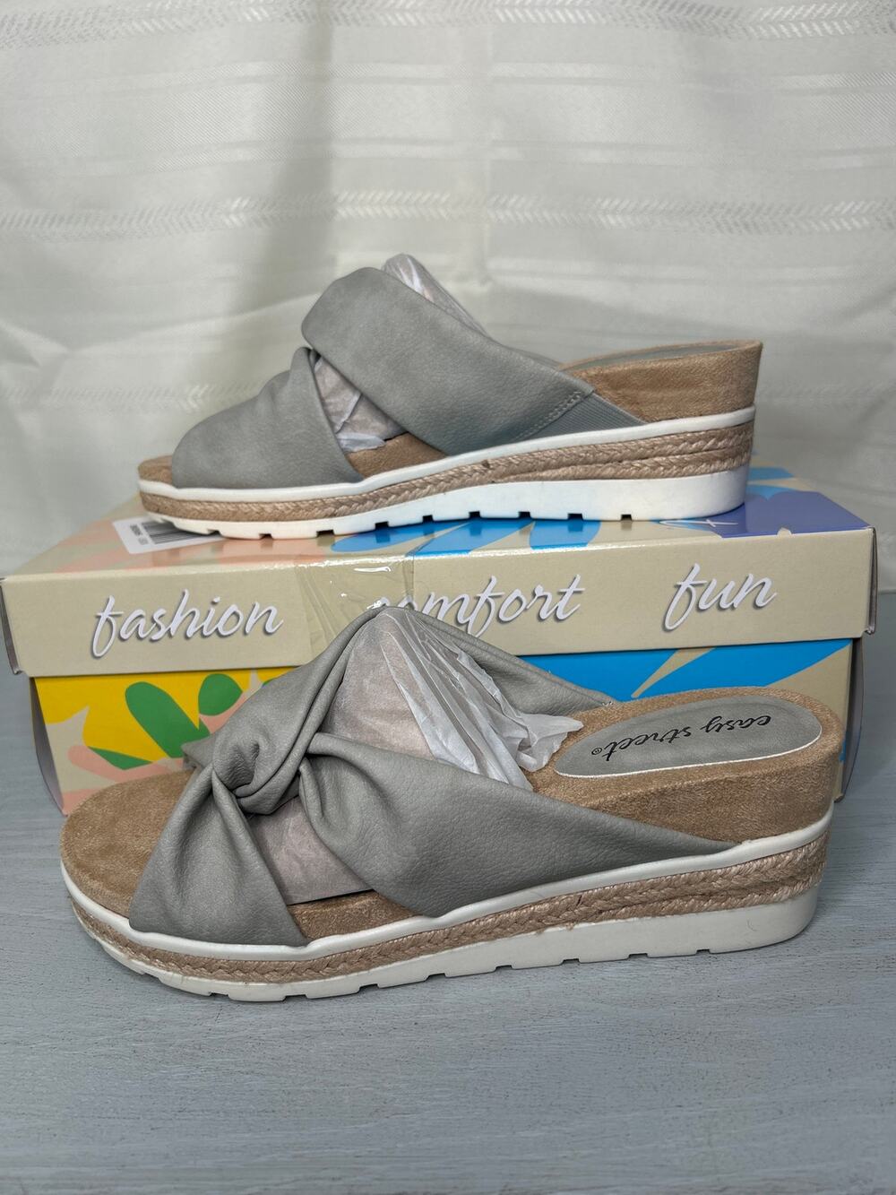 Easy Street Ja Knotted Espadrille Wedge Sandals Grey Womens Size 8 Wide
